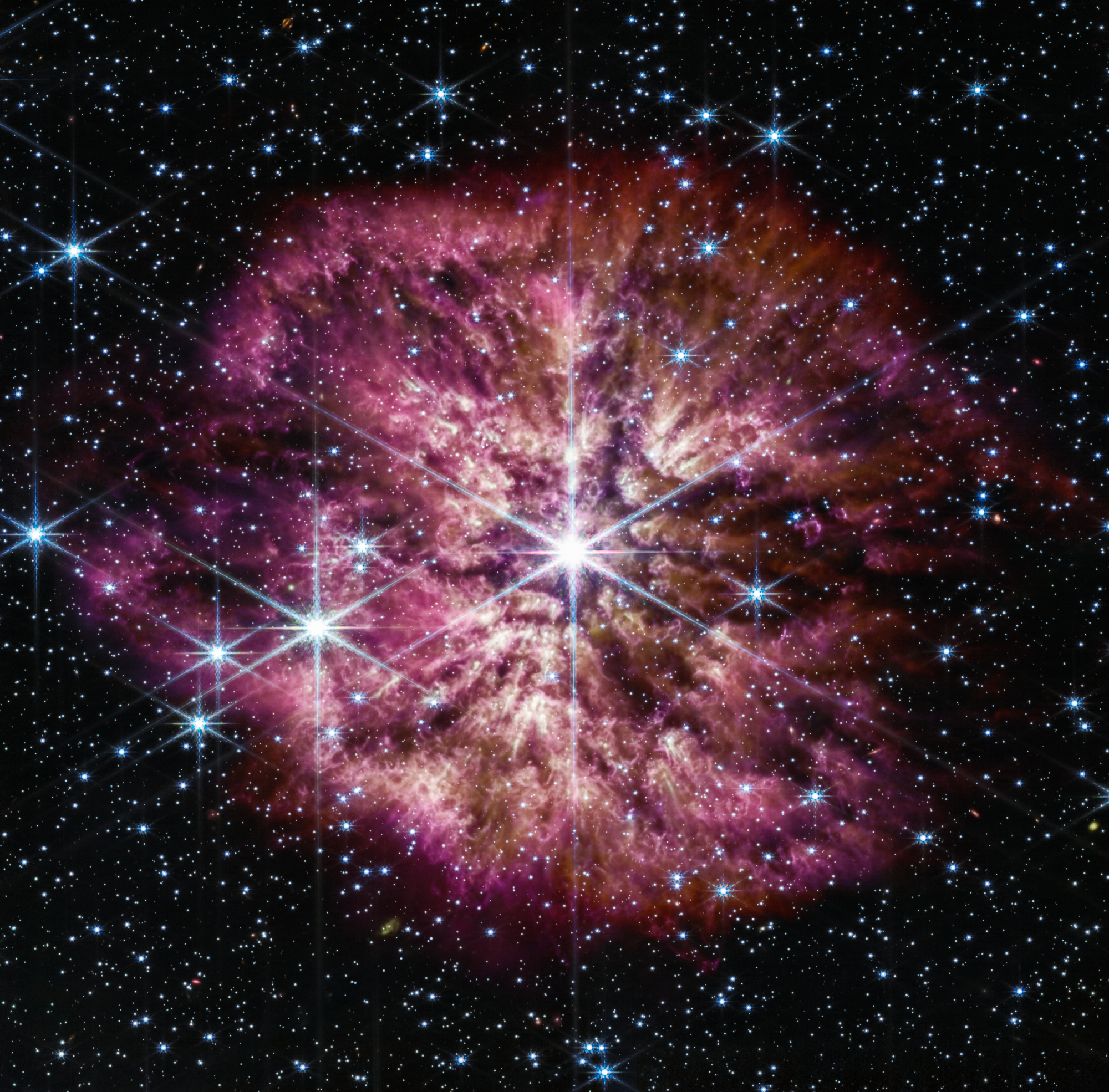Na ilustracji (4): Wyrzucona materia z gwiazd Wolfa-Rayeta po schłodzeniu wytwarza kosmiczny pył, który jest źródłem przepięknych widoków. Te gwiazdy w końcu wybuchną jako supernowe. Źródło: NASA, ESA, CSA, STScI, Webb ERO Production Team