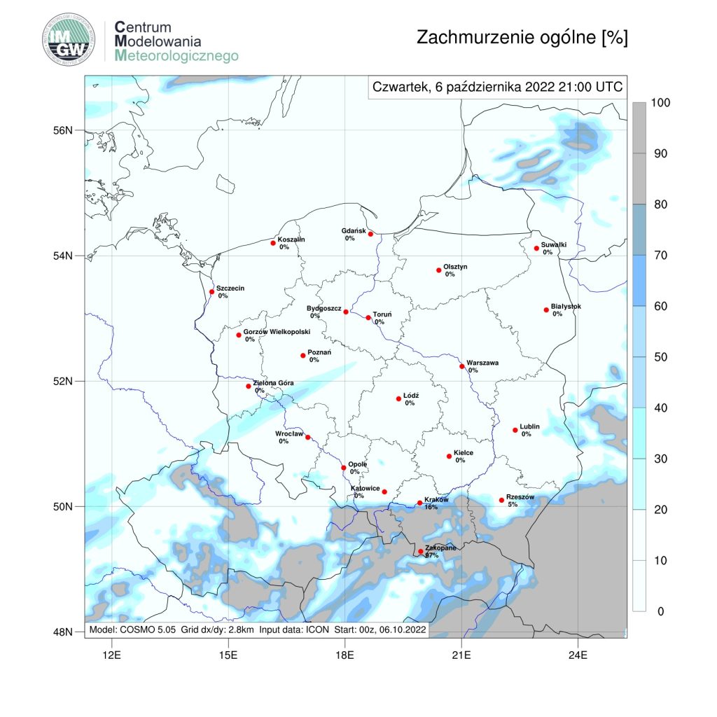 Prognoza numeryczna pola zachmurzenia (model COSMO) na noc 06/07.10.20222