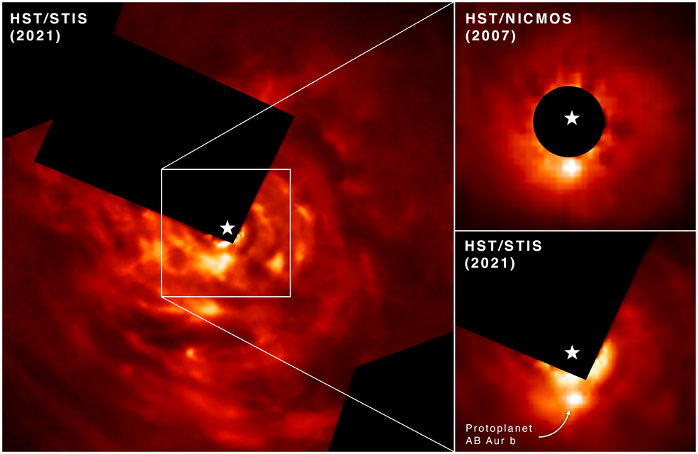 Researchers were able to directly image newly forming exoplanet AB Aurigae b over a 13-year span using Hubble’s Space Telescope Imaging Spectrograph (STIS) and its Near Infrared Camera and Multi-Object Spectrograph (NICMOS).