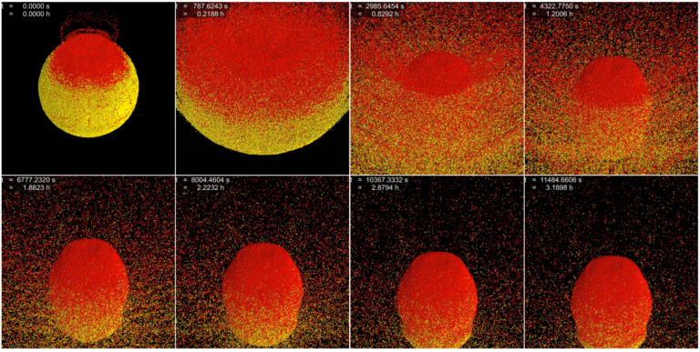 Sekwencja ukazująca, jak za sprawą grawitacji fragmenty asteroidy ponownie zbierają się w całość