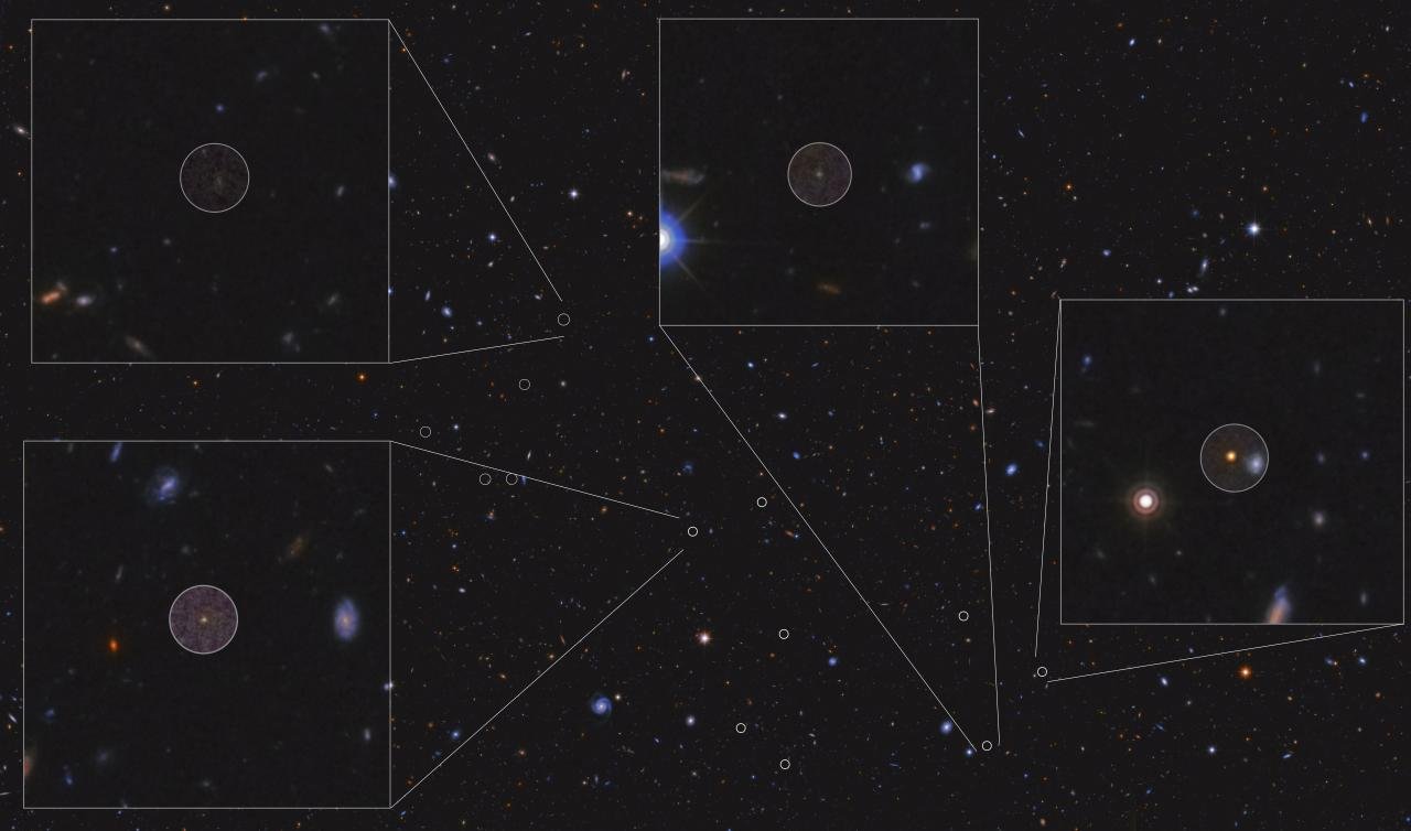 Obraz tworzącej się badanej gromady galaktyk oddalonej od nas o 12,5 mld lat świetlnych.