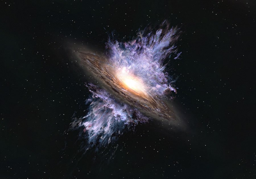Wizja artystyczna przedstawiająca wiatr galaktyczny napędzany supermasywną czarną dziurą znajdującą się w centrum galaktyki.