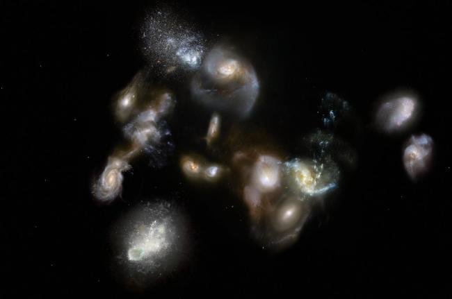 Wizja artystyczna przedstawiająca protogromadę galaktyk SPT2349-56 we wczesnym Wszechświecie