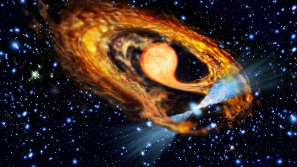 Wizja artystyczna pulsara milisekundowego i jego gwiezdnego towarzysza.