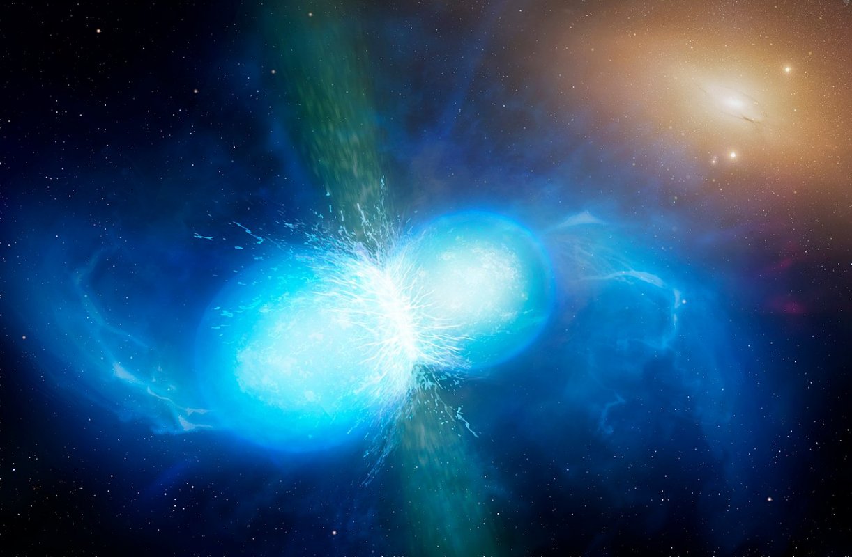 Wizja artystyczna łączących się gwiazd neutronowych.