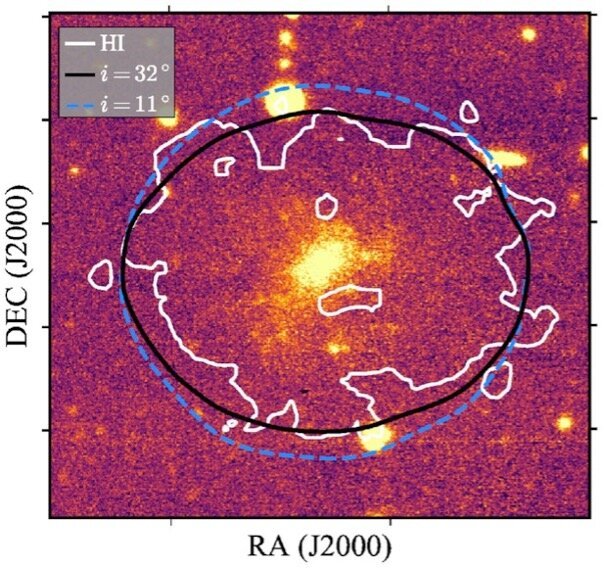 apa radiowa rozkładu neutralnego wodoru w galaktyce AGC 114905. Jej nachylenie zostało oszacowane na podstawie czarnej elipsy, która najlepiej pasuje do danych obserwacyjnych. Zakładając, że galaktyka jest kolista, gdy patrzy się na nią face-on, daje to umiarkowany kąt nachylenia rzędu  32°. Jednak nowe badania sugerują, że również niebieska elipsa dla bardzo małej inklinacji (nachlenia) może być poprawna, co tym samym może "uratować" teorię MOND, jeśli tylko ta galaktyka jest z natury nieco mniej kolista. 