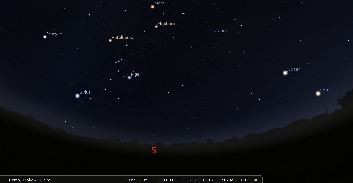 Południowe niebo nad Krakowem po godzinie 18, 15 lutego. Źródło: Stellarium.org.