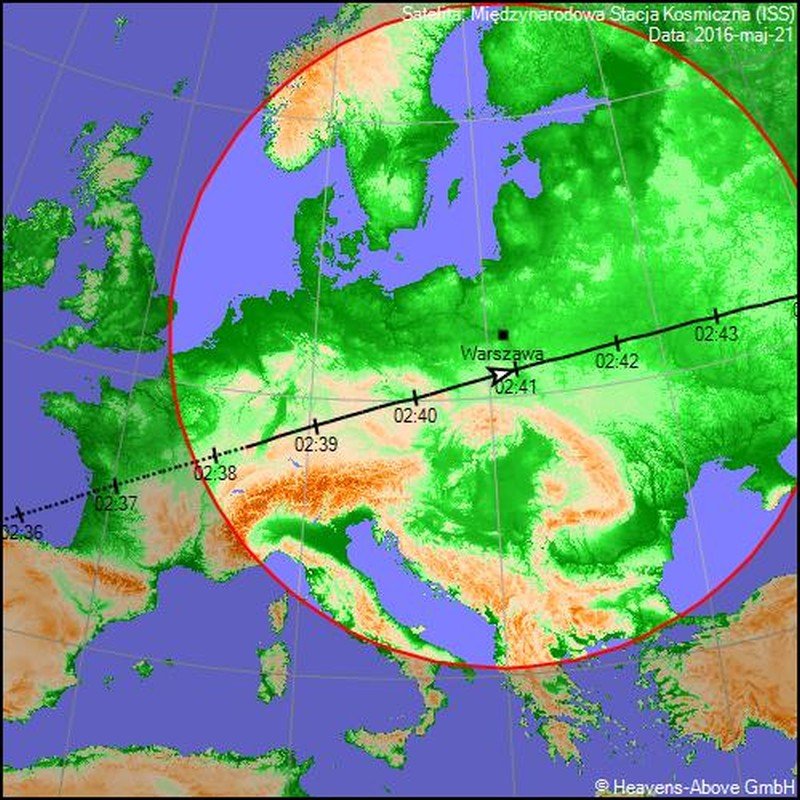 Trasa przelotu stacji ISS nad Polską w dniu 21 maja 2016 r.