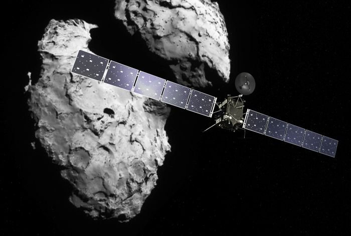 Wizja artystyczna sondy Rosetta badającej kometę 67P. Źródło: ESA
