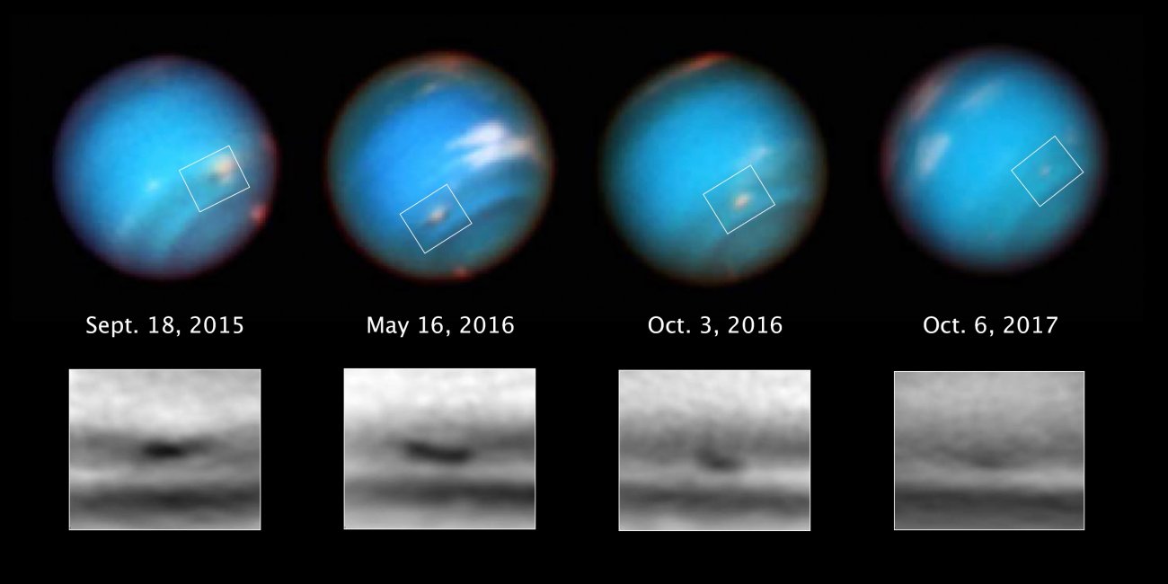 Kilka zdjęć z Kosmicznego Teleskopu Hubble’a przedstawiających ewolucję wielkiej burzy w atmosferze Neptuna. Rozmiar burzy zmniejszył się w ciągu dwóch lat z 5100 kilometrów do około 3700 kilometrów. Źródło: NASA, ESA, M.H. Wong, A.I. Hsu (UC Berkeley).