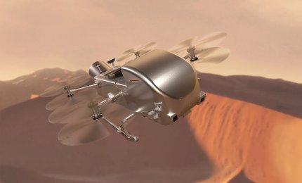 Artystyczna wizja Dragonfly nad powierzchnią Tytana