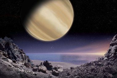 Planeta Pirx widoczna z powierzchni jej księżyca (wizja artystyczna)