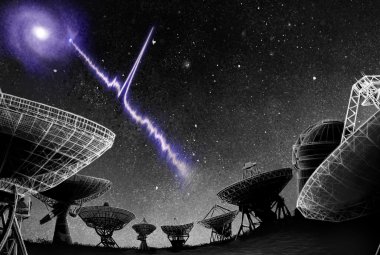 Wizja artystyczna dotycząca lokalizacji szybkiego rozbłysku radiowego w galaktyce macierzystej.