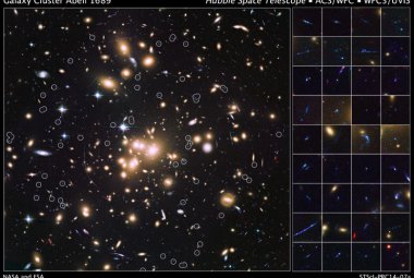 Mapa zaobserwowanej przez Kosmiczny Teleskop Hubble'a gromady galaktyk. Najbardziej odległe z obiektów zaznaczone zostały białymi okręgami. Źródło: NASA