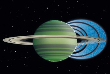 Koncepcja artystyczna ukazująca, jak naładowane cząsteczki wody przepływają do atmosfery Saturna z jego pierścieni, powodując przy tym zmniejszenie się jego jasności atmosferycznej. Źródło: NASA/JPL-Caltech/Space Science Institute/University of Leicester 