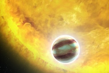 Artystyczne wyobrażenie „gorącego jowisza” HAT-P-7b, planety o promieniu 1.4 promieni naszego Jowisza „słonecznego”. Źródło: NASA / ESA / G. Bacon (STScI)