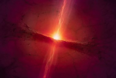 Wygenerowany komputerowo obraz przedstawiający ciemny dysk protoplanetarny widziany pod kątem 90° do dżetów (pomarańczowe) wystrzeliwanych z biegunów młodej gwiazdy.