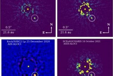 Cztery obrazy brązowego karła HIP 21152 B uchwycone za pomocą Teleskopu Subaru i Obserwatorium Kecka.