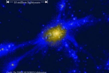 Symulowana wizualizacja przedstawia scenariusz wielkoskalowego ogrzewania wokół protogromady galaktyk.