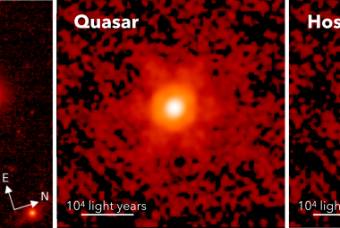 Na ilustracji zaprezentowano trzy wersje zdjęcia galaktyki z kwazarem HSC J2236+0032 z wczesnego Wszechświata (z=6,4-wtedy Wszechświat liczył zaledwie 860 milionów lat!), które wykonał Teleskop Webba z kamerą NIRCam (podczerwień λ=3,6μm). Na obrazie po lewej jest ogólny widok obiektu, w środku – widok galaktyki z kwazarem (=supermasywna czarna dziura), po prawej – tylko widok galaktyki po odjęciu światła kwazara. Na każdym zdjęciu pokazano skalę w latach świetlnych. Źródło: Ding, Onoue, Silverman i inni