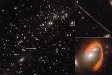 Na ilustracji: Urzekające zdjęcie w bliskiej podczerwieni gromady galaktyk El Gordo („Grubas”) sfotografowane przez Teleskop Webba, na którym widać setki galaktyk o niespotykanej wyrazistości. Działając jako soczewka grawitacyjna, El Gordo zakrzywia i wzmacnia światło odległych galaktyk tła, które nie były widziane nigdy wcześniej z tak unikalną szczegółowością. Najważniejsze z nich to soczewkowane galaktyki tła takie, jak La Flaca, czy El Anzuelo.  Źródło: NASA, ESA, CSA