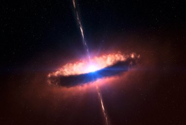 Kwazar w wizji artystycznej. Jasne źródło w środku to supermasywna czarna dziura, z której biegunów są emitowane skolimowane strumienie energii. Rozległa struktura widoczna dookoła czarnej dziury to pyłowy torus, którego własności zbadano przy użyciu współczynnika zakrycia. Źródło ilustracji: ESO.