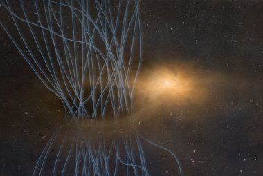Ilustracja przedstawiająca „kichnięcie” strumienia magnetycznego młodej gwiazdy.
