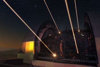 Teleskop E-ELT z optyką adaptywną i laserowymi gwiazdami porównania (wizja artysty)