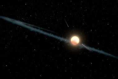 Ilustracja przedstawia hipotetyczny, nierówny pierścień pyłu okrążający KIC 8462852, zwaną także „Gwiazdą Tabby". Źródło: NASA/JPL-Caltech
