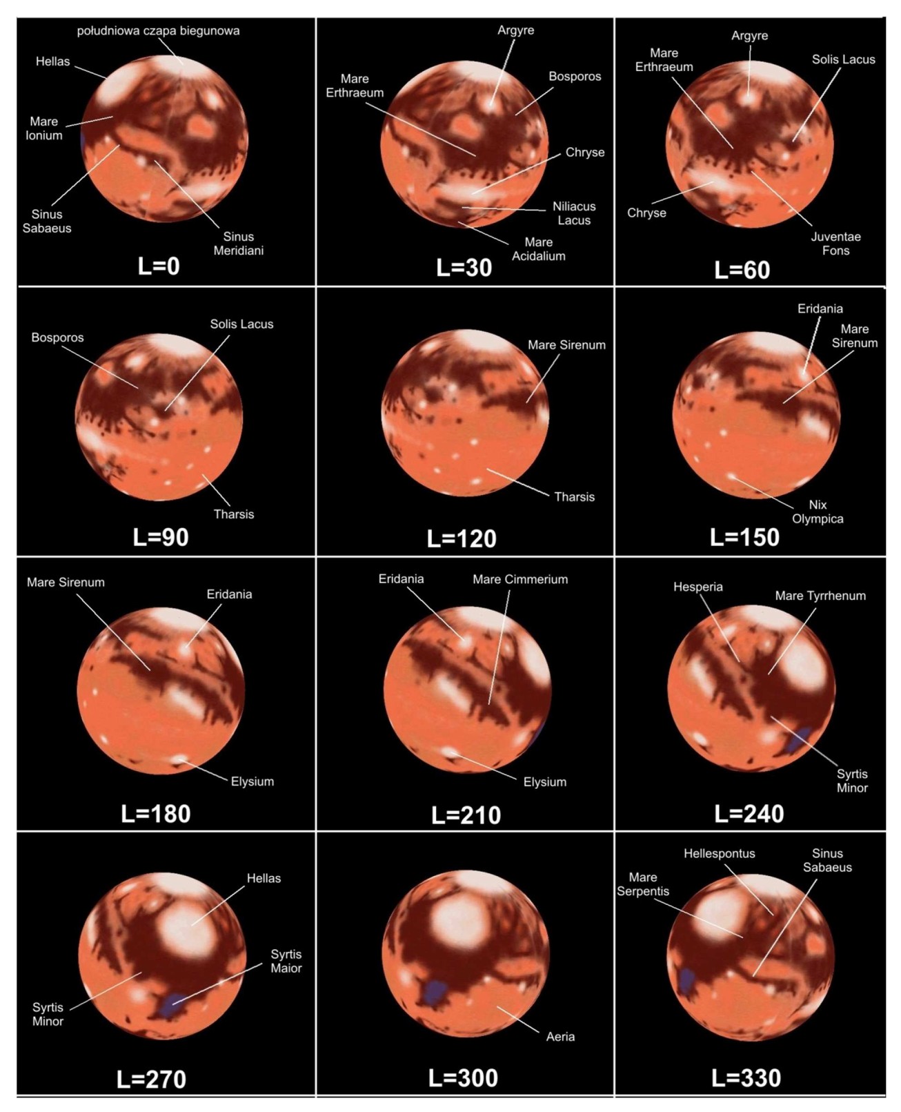 Widok Marsa przez teleskop (z opisami)