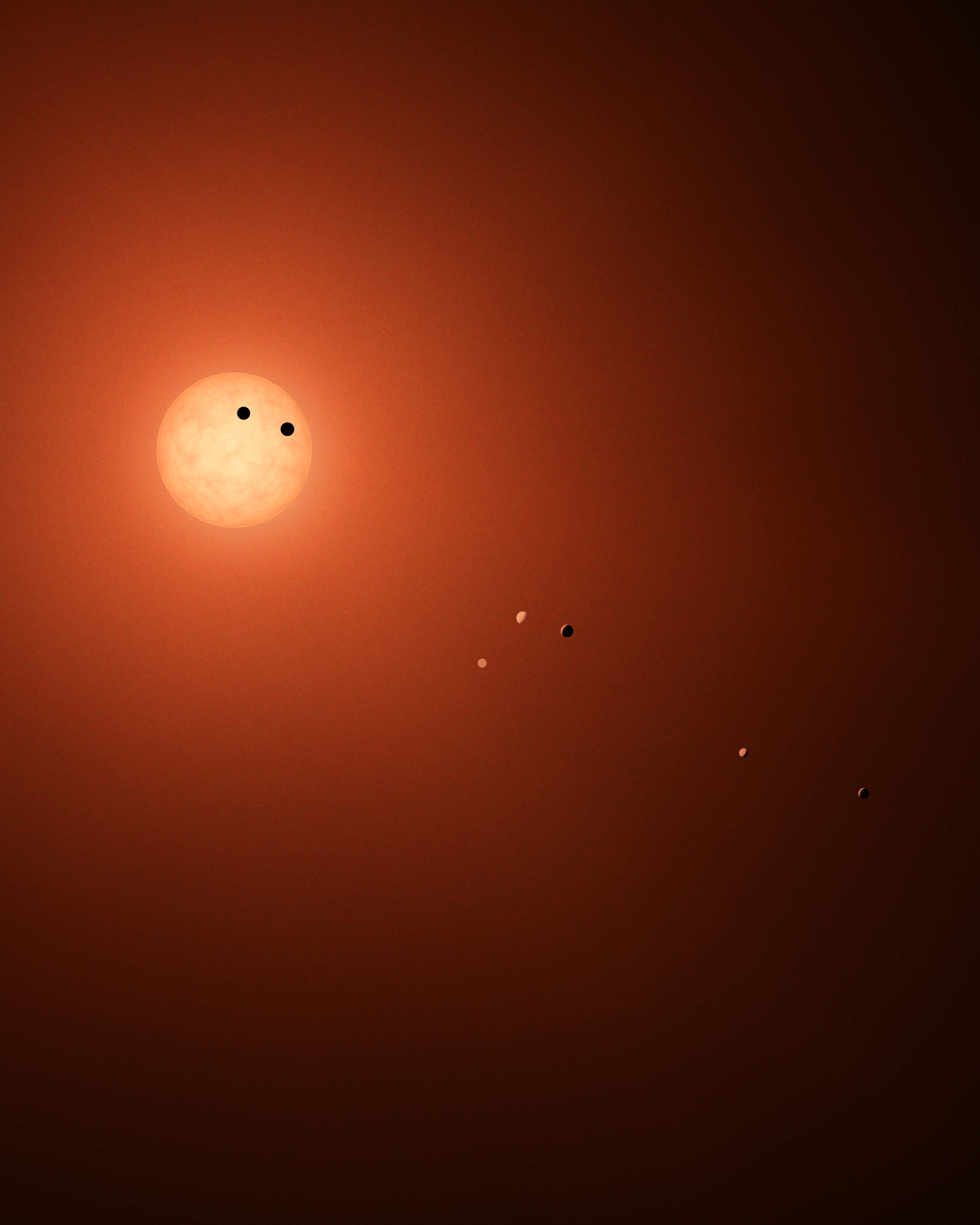 Na ilustracji (7): Wizja artystyczna gwiazdy TRAPPIST-1 i jej siedmiu skalistych planet. Źródło: NASA/JPL-Caltech/R. Hurt (IPAC)