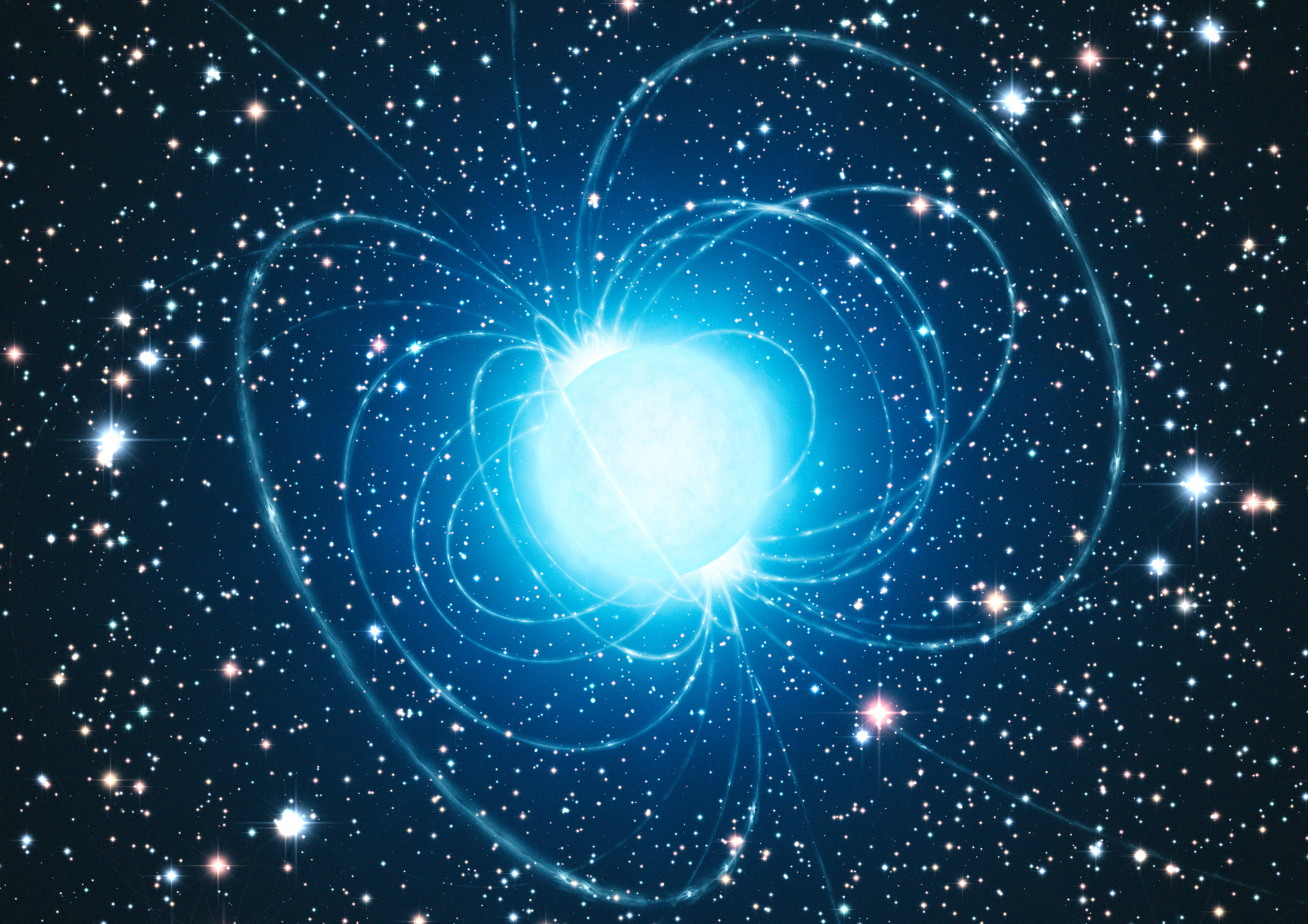 Na ilustracji (9): Wizja artystyczna gwiazdy neutronowej, która powstaje po kolapsie jądra gwiazdy masywnej i wybuchu tejże gwiazdy jako supernowej. Źródło: ESO/L. Calçada