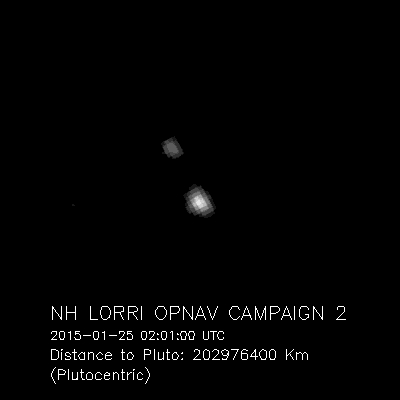 Zdjęcie Plutona i Charona wykonane przez LORRI w dniu 25. i 27. stycznia. New Horizons znajdowała się wówczas w odległości 203 milionów kilometrów od celu