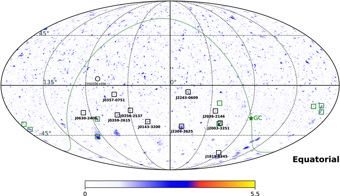 Mapa nieba z zaznaczonymi położeniami blazarów