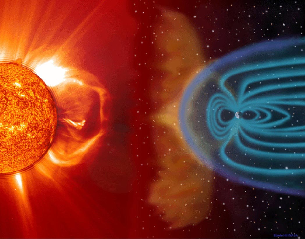 Obraz Słońca zarejestrowany przez SOHO i artystyczną wizję magnetosfery Ziemi.