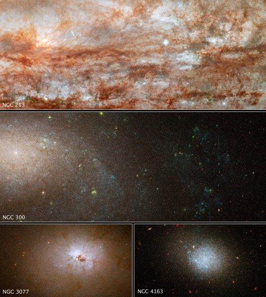 Teleskop Hubble’a obserwował cztery pobliskie galaktyki w ramach przeglądu ANGST. Olsen i jej współpracownicy skupili się na galaktykach karłowatych, takich jak ta widoczna w prawym dolnym rogu.