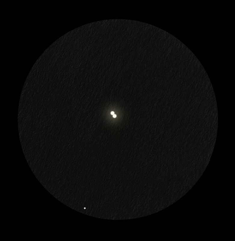 Szkic wykonany przy pomocy 6-calowego teleskopu Newtona o jasności f/8 pozwala na rozdzielenie dwóch gwiazd tworzących Porrimę w Pannie. Źródło: JEREMY PEREZ