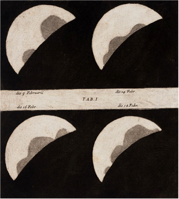 Szkice chmur Wenus oparte na obserwacjach, które Bianchini wykonał we Włoszech podczas wieczornej elongacji Wenus w lutym 1726 roku. Źródło: Francesco Bianchini/Hesperi et Phosphori nova phaenomena (1728)