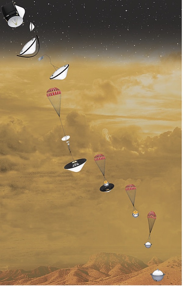 Zaplanowana na rok 2029 sonda DAVINCI NASA będzie opadać w atmosferze Wenus, jak pokazano na tym rysunku, dokonując jednocześnie pomiarów składu jej chmur. Dane z tej misji pomogą naukowcom wyjaśnić, w jaki sposób Wenus uformowała się i ewoluowała. Źródło: NASA