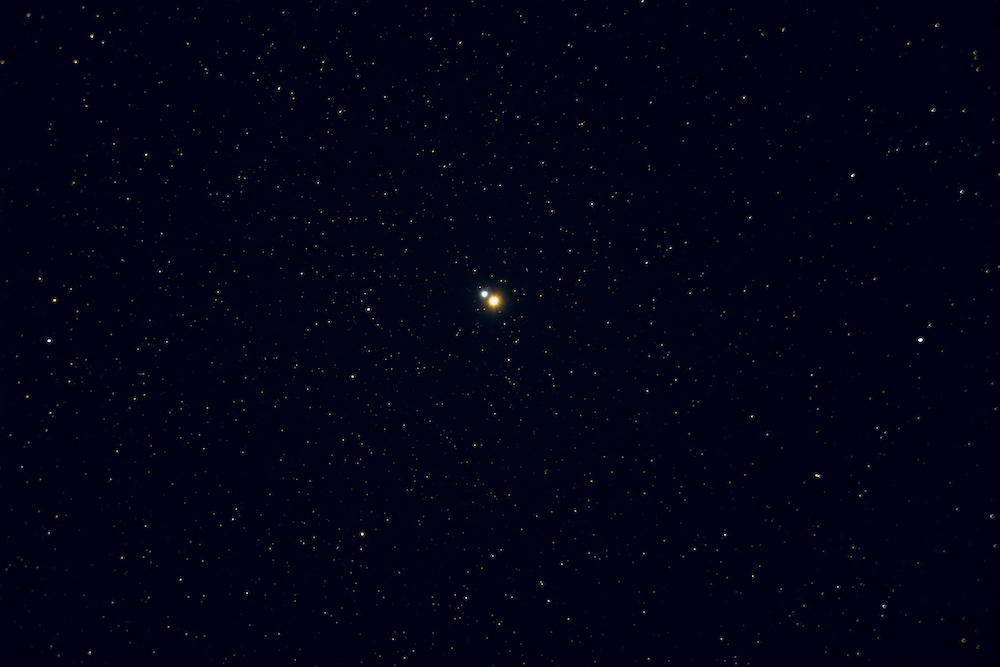 Na zdjęciu: Jedną z najbardziej olśniewających gwiazd podwójnych na niebie jest Albireo, której składniki są olśniewająco szafirowe i żółte. Źródło: Alan Dyer