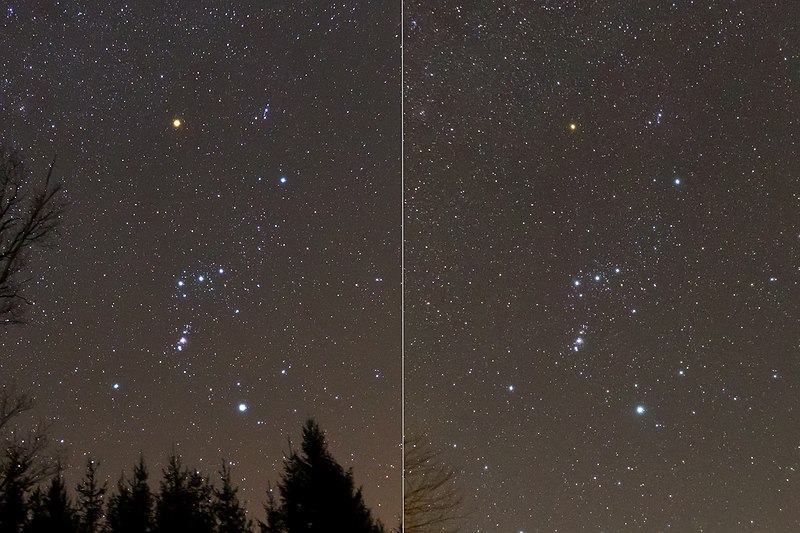 Porównanie zdjęć konstelacji Oriona z 22 lutego 2012 r. (po lewej) i 21 lutego 2020 r. (po prawej). Pokazują niezwykle silny spadek jasności Betelgezy. Źródło: Wiki/H. Raab (Vesta)