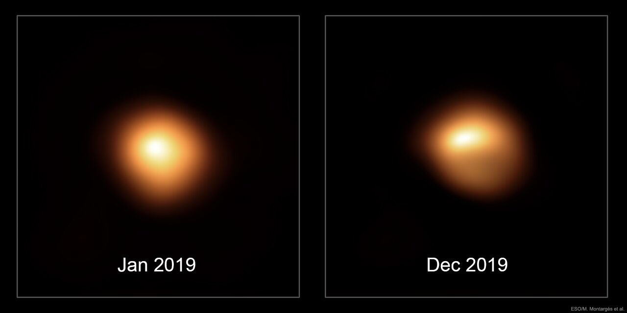 Obraz tarczy Betelgezy uzyskany przed i po niespotykanym do tej pory spadku jasności (styczeń / grudzień 2019 r.) za pomocą instrumentu SPHERE współpracującego z teleskopem ESO VLT (Very Large Telescope). Źródło: ESO/M. Montargès et al