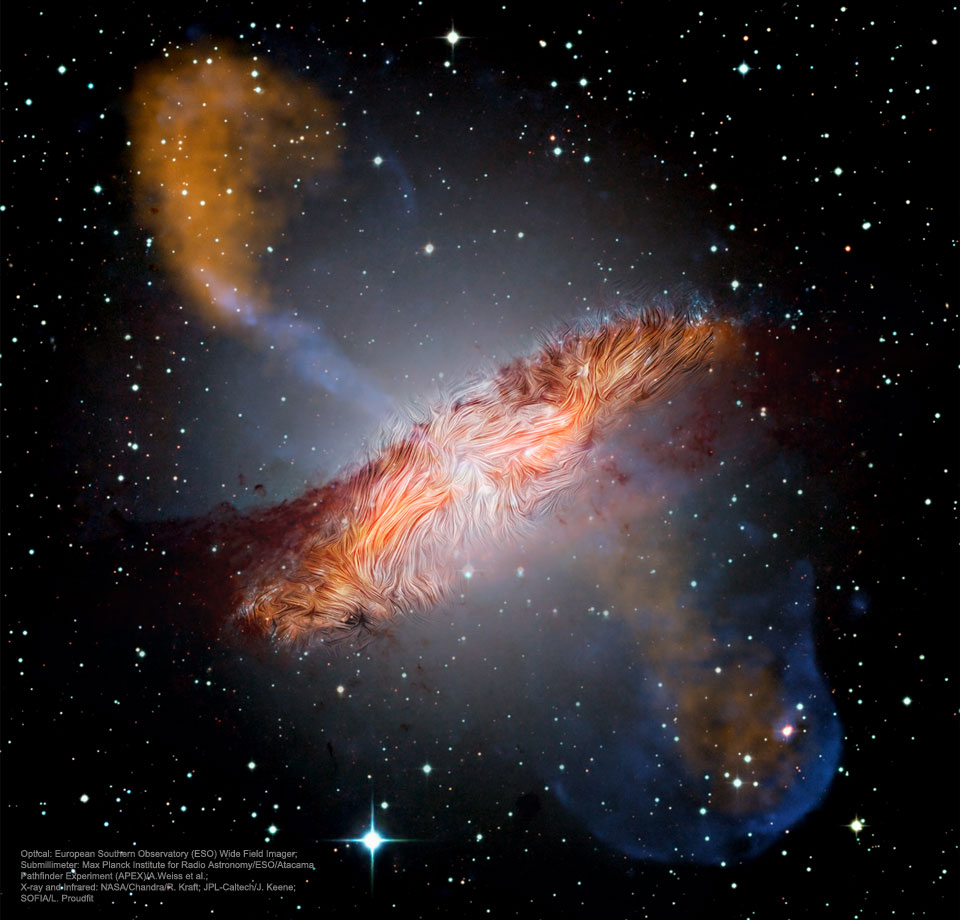 Zakrzywione pola manetyczne galaktyki Centaurus A. Źródło: APOD/APOD.pl