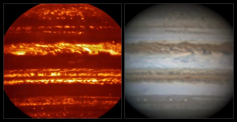 Obraz Jowisza w podczerwieni i w świetle widzialnym