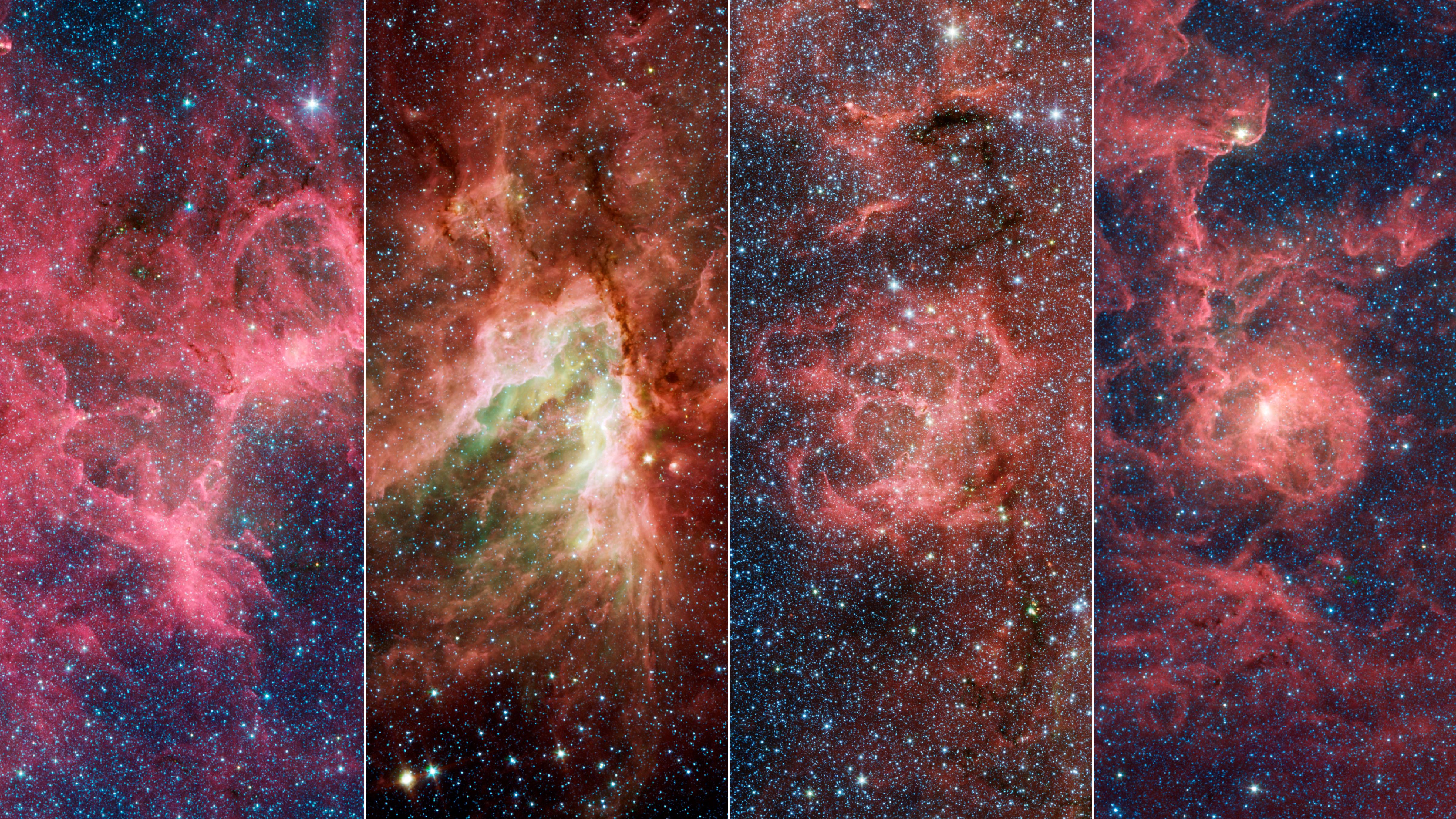 Od lewej do prawej – cztery mgławice: Orzeł (zawiera Filary Stworzenia), Omega, Trójlistna Koniczyna, Laguna. Mgławice są obłokami gazu i pyłu, w których powstają gwiazdy. W latach 50-tych XX wieku astronomowie zgrubnie wyznaczyli odległości do niektórych gwiazd w tych mgławicach i na tej podstawie wywnioskowali, że istnieje Ramię Strzelca. To był jeden z pierwszych dowodów na spiralną strukturę naszej Galaktyki. Natomiast w omawianej tutaj publikacji z 2021 roku, astronomowie pokazali, że te mgławice tworzą podstrukturę w ramieniu spiralnym, która jest nachylona pod innym kątem niż reszta ramienia. Źródło: NASA/JPL-Caltech