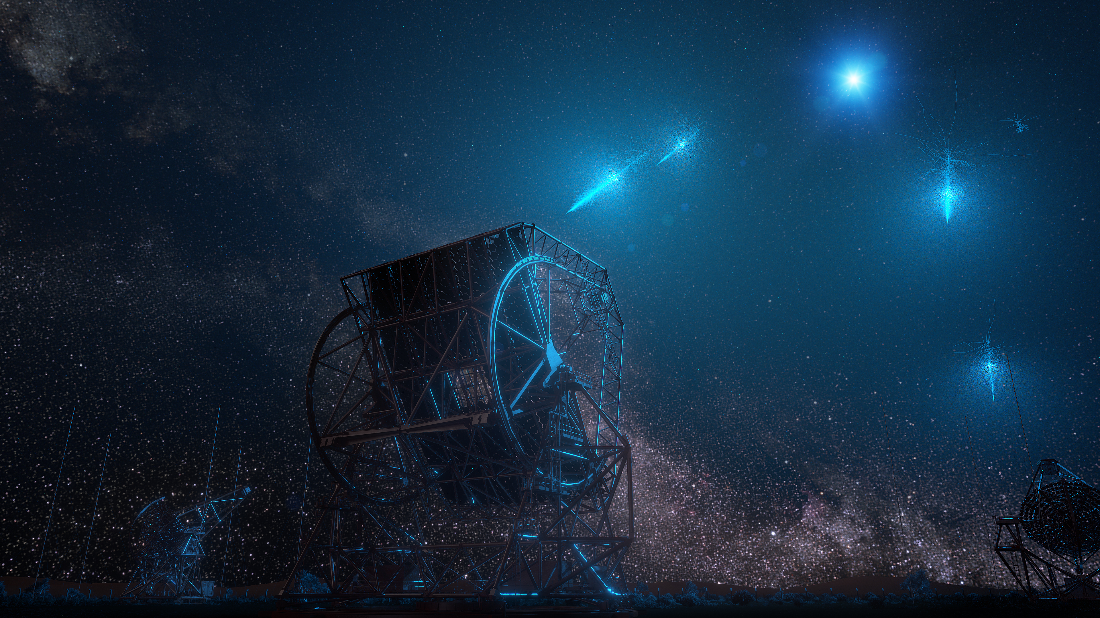 Wizja artystyczna chwili, gdy bardzo energetyczne fotony z rozbłysku gamma GRB wlatują w atmosferę ziemską - inicjując deszcz błysków, które zostały zarejestrowane przez znajdujące się na Ziemi teleskopy H.E.S.S. Jest to wizja artystyczna zjawiska z punktu obserwacyjnego tuż przy teleskopach H.E.S.S. w Namibii. Źródło: DESY, Science Communication Lab