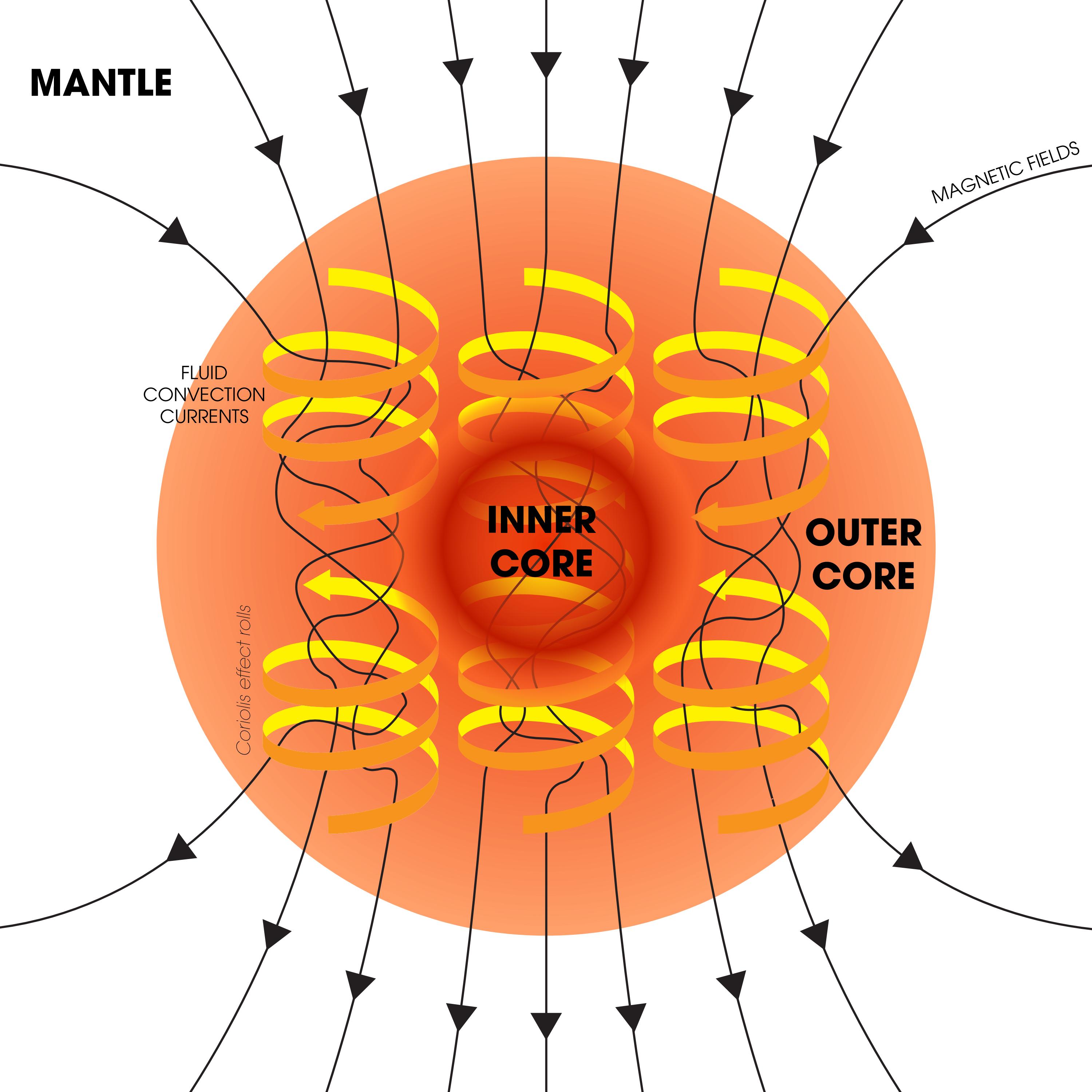 Schematyczna ilustracja działania mechanizmu dynama konwekcyjnego wewnątrz Ziemi. Ruch ciekłego żelaza uczestniczącego w ruchach konwekcyjnych w zewnętrznym obszarze jądra (ang. outer core) jest porządkowany w spirale przez ziemską rotację. W ten sposób generuje się wielkoskalowe pole magnetyczne Ziemi. Źródło: Andrew Z. Colvin / Wikipedia