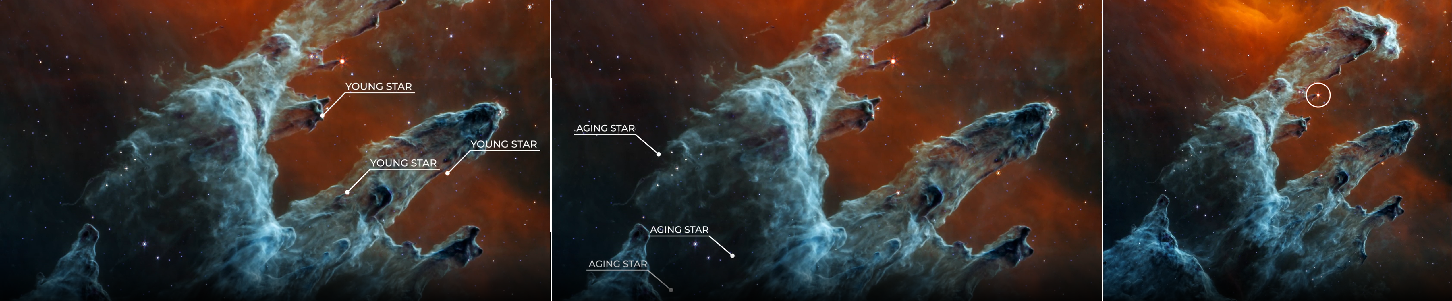 Na zdjęciu Filarów Stworzenia w średniej podczerwieni, które wykonała kamera MIRI współpracująca z teleskopem Webba zaznaczono białymi kreskami następujące przykłady:     • trzech młodych „czerwonych” gwiazd jeszcze zanurzonych w obłokach pyłowych (obraz po lewej);     • trzech bardziej zaawansowanych ewolucyjnie, młodych, „niebieskich” gwiazd (obraz w środku);     • przykład jasnej, „czerwonej” gwiazdy zanurzonej w obłoku pyłowym, która jest większa niż nasz Układ Słoneczny (obraz po prawej).Opracowane na podstawie filmu: Danielle Kirshenblat (STScI), Leah Hustak (STScI), NASA, ESA, CSA, STScI, Joseph DePasquale (STScI), Alyssa Pagan (STScI)