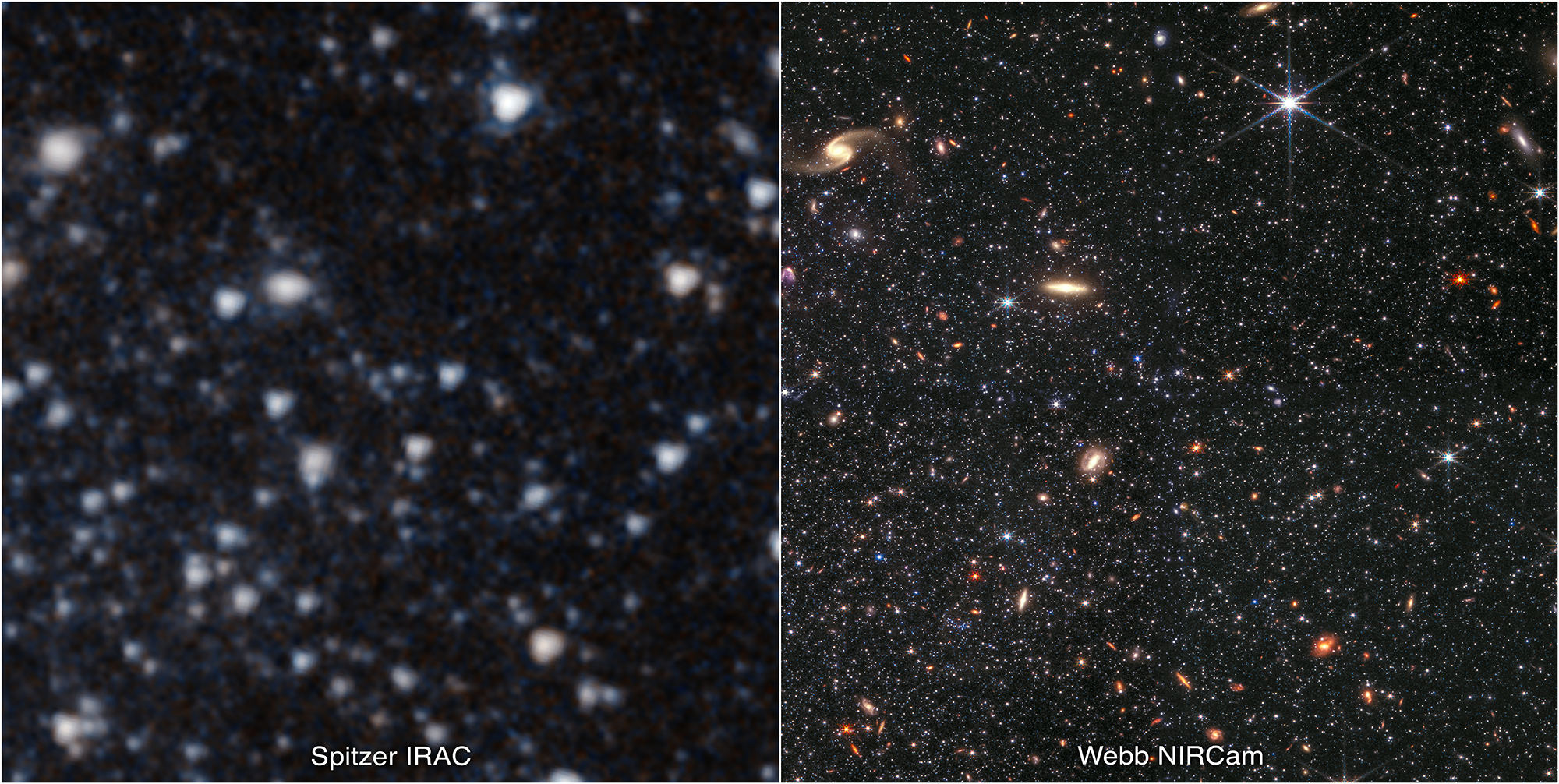 Porównanie tego samego fragmentu galaktyki Wolf-Lundmark-Melotte (WLM) na zdjęciu wykonanym przez Kosmiczny Teleskop Spitzera (po lewej) i Kosmiczny Teleskop Jamesa Webba (po prawej). Na zdjęciu po prawej widać niezwykłą zdolność teleskopu Webba do detekcji słabych gwiazd poza Drogą Mleczną. Mapowanie kolorów na zdjęciach: teleskop Spitzera → fotonom λ = 3,6μm / 4,5μm odpowiadają kolory niebieskozielony / pomarańczowy; teleskop Webba → fotonom λ = 0,9μm / 1,5μm / 2,5μm / 4,3μm odpowiadają kolory = niebieski / niebieskozielony / żółty / czerwony. Pole widzenia obejmuje około 2’ (~1700 l.św. przy odległości do galaktyki WLM). Źródło: NASA, ESA, CSA, IPAC, Kristen McQuinn (RU), Zolt G. Levay (STScI), Alyssa Pagan (STScI)