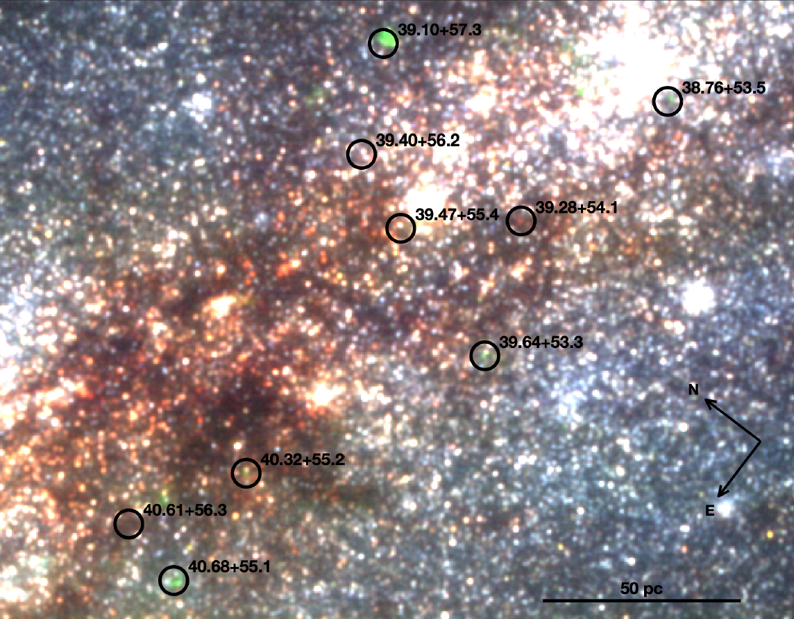 Na ilustracji: fragment centralnego obszar galaktyki M82 zwanej też Galaktyką Cygaro (11.5′′x9′′ → 200x160 pc) w barwach czerwona (λ=2,12 μm), zielona (λ=1,64 μm)) i niebieska (λ=1,40 μm) uzyskany za pomocą Teleskopu Webba w konfiguracji z kamerą NIRCAM . Czarne okręgi (promień=0,2”, czyli 3,5pc) oznaczają pozycje radiowych supernowych. Zielone obszary odpowiadają najprawdopodobniej emisjom w liniach wzbronionego żelaza [FeII], gdzie jest niszczony pył w falach uderzeniowych supernowych. Bardzo czerwone plamki pochodzą od emisji z molekuł H2 i ich powstanie zwykle jest powiązane z falami uderzeniowymi. Źródło: arXiv:2401.16648 [astro-ph.GA]